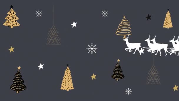 雪橇上的桑塔爪与驯鹿在星空和圣诞树质感之上的动画 圣诞节 传统和庆祝概念数字制作的视频 — 图库视频影像