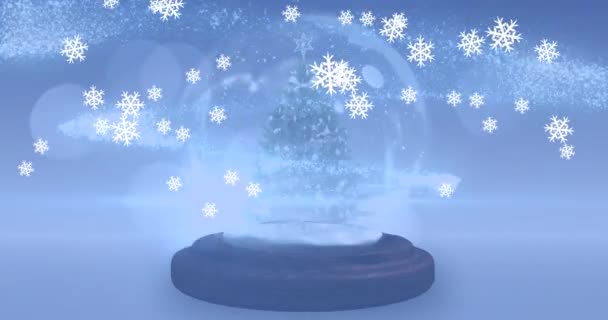 青い背景に降る雪の上のクリスマスツリーのアニメーション クリスマス 伝統とお祝いのコンセプトデジタルで生成されたビデオ — ストック動画
