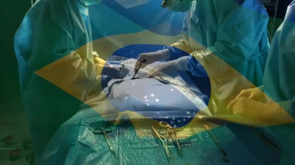 Animacja Flagi Brazylijskiej Machającej Nad Chirurgami Sali Operacyjnej Globalna Medycyna — Wideo stockowe