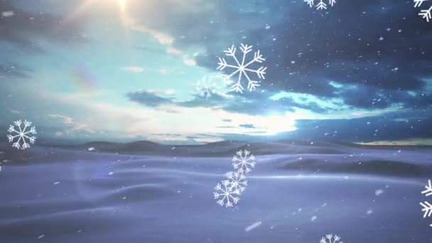 Snowflakes Falling Winter Landscape Clouds Sky Christmas Festivity Celebration Concept — Stock Video