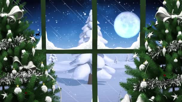 Animación Del Paisaje Invernal Trineo Santa Vista Través Ventana Navidad — Vídeo de stock