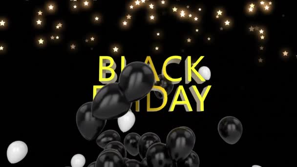 黒い背景に輝く星の上に黒い金曜日のテキストと風船のアニメーション オンラインショッピングと小売通信の概念デジタル生成されたビデオ — ストック動画