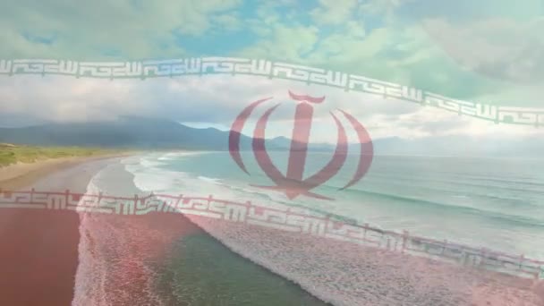 Komposisi Digital Melambaikan Bendera Iran Terhadap Pandangan Udara Pantai Dan — Stok Video