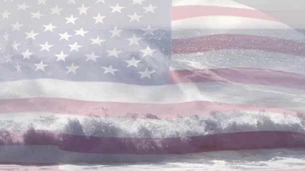 Digital Composition Flag Waving Aerial View Waves Sea National Travel — Stock Video