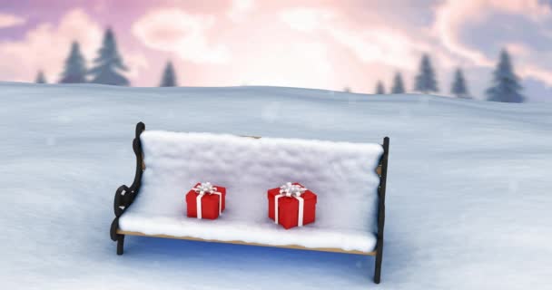 Animation Neige Tombant Sur Deux Cadeaux Noël Sur Banc Recouvert — Video