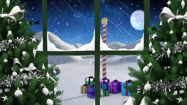 Animación Escena Navidad Invierno Con Trineo Santa Vista Través Ventana — Vídeo de stock