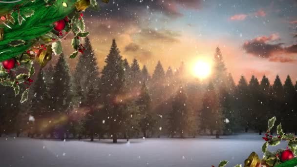 Décoration Couronne Noël Sur Neige Tombant Sur Plusieurs Arbres Sur — Video