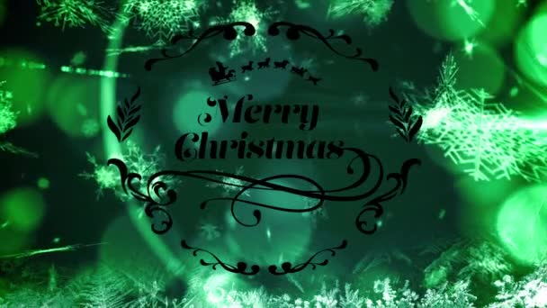 Καλά Χριστούγεννα Κείμενο Πανό Κατά Νιφάδες Χιονιού Και Πράσινα Σημεία — Αρχείο Βίντεο