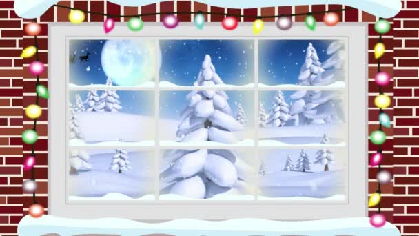 透过窗户看到冬季风景和桑塔雪橇的动画 圣诞节 传统和庆祝概念数字制作的视频 — 图库视频影像
