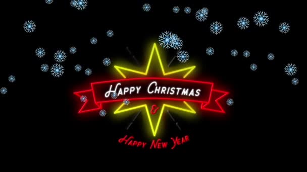 Animation Snow Falling Neon Star Christmas Greetings Decoration Black Background — Stock Video