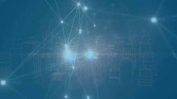 Animação Rede Conexões Sobre Cidade Fundo Azul Conceito Global Negócios — Vídeo de Stock