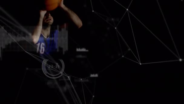 Animación Redes Conexiones Sobre Jugador Baloncesto Masculino Raza Mixta Gimnasio — Vídeos de Stock