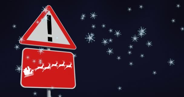 Animation Snow Falling Christmas Road Sign Black Background Christmas Tradition — Stock Video