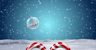 Kış manzarasında Noel ağacı balosunun üzerinde şeker kamışlarının canlandırılması. Noel, gelenek ve kutlama konsepti dijital olarak oluşturuldu.