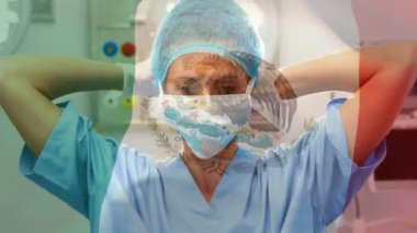 Ameliyathanede kadın cerrah sallanan Meksika bayrağının animasyonu. küresel tıp, covid 19 pandemik konsept sırasında sağlık hizmetleri dijital olarak üretilen video.