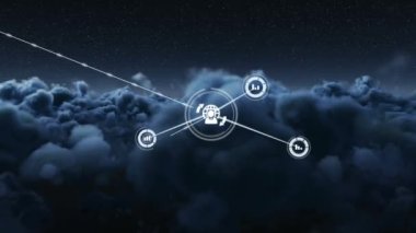 Gökyüzündeki simgelerle bağlantılı ağların animasyonu. küresel bağlantılar, veri işleme ve dijital arayüz konsepti dijital olarak oluşturulmuş video.