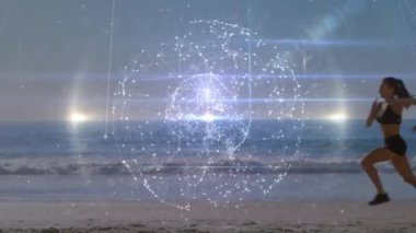 Kumsalda koşan beyaz bir kadın üzerinden dünya ile bağlantı ağlarının animasyonu. global spor, incelik ve sağlıklı yaşam tarzı konsepti dijital olarak oluşturulmuş video.