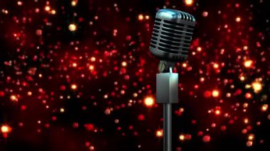 Karanlık arka planda mikrofonun üzerinde parlayan kırmızı ışıkların animasyonu. eğlence, müzik ve kutlama konsepti dijital olarak oluşturulmuş video.