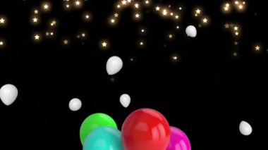 Siyah arka planda yıldızların üzerinde uçan renkli balonların animasyonu. Yeni yıl partisi, noel ve kutlama konsepti dijital olarak oluşturulmuş video.