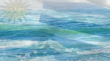 Uruguay bayrağının dijital bileşimi denizdeki dalgaların hava görüntüsüne karşı. Ulusal seyahat ve turizm kavramı