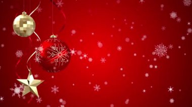 Kırmızı arka planda, Noel süslemesinin üzerine düşen kar animasyonu. Noel, gelenek ve kutlama konsepti dijital olarak oluşturuldu.