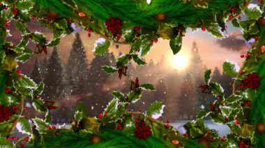Yılbaşı çelengi, kış manzarasında birden fazla ağaca düşen karla süslenmiş. Noel şenliği ve kutlama konsepti