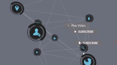 Düşen sosyal medya simgeleri ve gri arkaplan üzerindeki emojilerin animasyonu. Sosyal medya ve iletişim konsepti dijital olarak oluşturulmuş video.