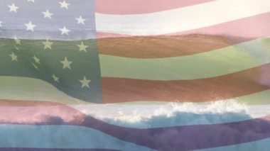 Denizde dalgalara karşı bayrak sallamanın dijital bileşimi. Ulusal turizm ve seyahat kavramı