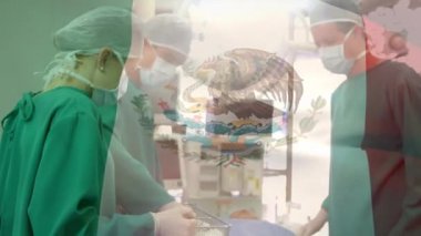Ameliyathanede cerrahlar yerine Meksika bayrağının canlandırılması. küresel tıp, covid 19 pandemik konsept sırasında sağlık hizmetleri dijital olarak üretilen video.