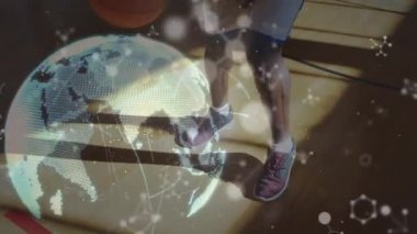 Afrika kökenli Amerikalı erkek basketbolcu üzerinden bağlantı ve dünya ağının animasyonu. global spor, bağlantılar ve dijital arayüz konsepti dijital olarak oluşturulmuş video.