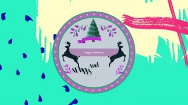 Etikette renkli animasyon arkaplanda noel kutlamalarının animasyonu. Noel, kış, gelenek ve kutlama konsepti dijital olarak oluşturulmuş video.