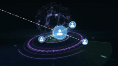 Siyah arkaplanda dönen dünyayı çevreleyen tarayıcıya karşı profil simgeleri ağı. küresel ağ ve teknoloji kavramı