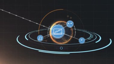 Siyah zemin üzerinde dönen dünyaya karşı dijital simgelerin oluşturduğu bir ağ. küresel ağ ve bilgisayar arayüzü teknolojisi kavramı