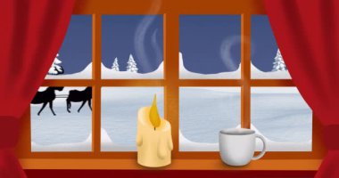 Pencereden görülen ren geyikleriyle Noel Baba 'nın kızakta canlandırması. Noel, gelenek ve kutlama konsepti dijital olarak oluşturuldu.