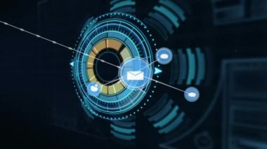 Siyah arkaplanda veri işleme ile dijital arayüze karşı dijital simge ağı. bilgisayar arayüzü ve teknoloji kavramı