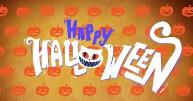 Turuncu arka planda balkabakları üzerinde mutlu Cadılar Bayramı metni animasyonu. Cadılar bayramı geleneği ve dijital olarak oluşturulan kutlama konsepti.