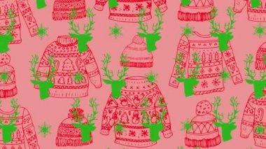Pembe arka planda yılbaşı geyiği ve kazak desenlerinin animasyonu. Noel, kış, gelenek ve kutlama konsepti dijital olarak oluşturulmuş video.