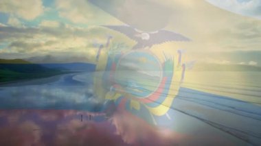 Ekvador bayrağının dijital bileşimi denizdeki dalgaların havadan görüntüsüne karşı. Ulusal seyahat ve turizm kavramı