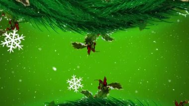 Köknar ağacı dallarının canlandırılması ve kar yağışı üzerine Noel süslemeleri. Sosyal medya ve iletişim konsepti dijital olarak oluşturulmuş video.