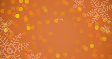 Mutlu bayramlar mesajları, turuncu benekli kar taneleriyle dolu Noel kutlamaları. Noel, kış, gelenek ve kutlama konsepti dijital olarak oluşturulmuş video.