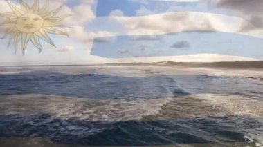 Deniz dalgalarının hava görüntüsüne karşı uruguay bayrağı sallamanın dijital bileşimi. Ulusal turizm ve seyahat kavramı