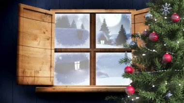 Kış manzarası animasyonu ve pencereden görünen evler. Noel, gelenek ve kutlama konsepti dijital olarak oluşturuldu.