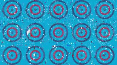 Mavi arka planda dönen dairelerde birden fazla yıldızın üzerine renkli bir konfeti düşüyor. Amerikan bağımsızlığı ve kutlama konsepti