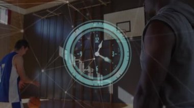 Çeşitli erkek basketbol oyuncuları grubu üzerinden bağlantı ağının animasyonu. global spor, bağlantılar ve dijital arayüz konsepti dijital olarak oluşturulmuş video.