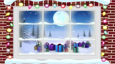 Camdan bakıldığında Noel Baba ve Noel Baba 'nın kızağının olduğu kış animasyonu. Noel, kış, gelenek ve kutlama konsepti dijital olarak oluşturulmuş video.