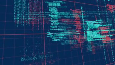 Mavi zemin üzerinde veri işleme animasyonu. küresel bağlantılar, veri işleme ve dijital arayüz konsepti dijital olarak oluşturulmuş video.