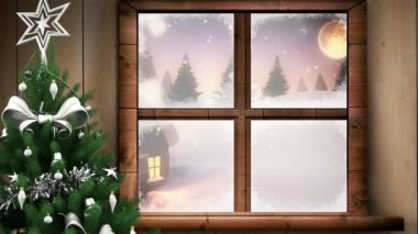 Camdan bakıldığında Noel Baba ve Noel Baba 'nın kızağının olduğu kış animasyonu. Noel, kış, gelenek ve kutlama konsepti dijital olarak oluşturulmuş video.