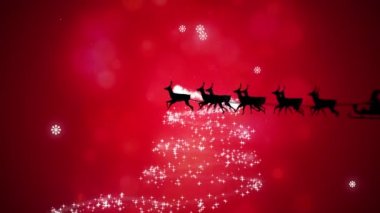 Kızakla kayan yıldız ve kırmızı zemine düşen karla Noel Baba 'nın canlandırması. Noel, gelenek ve kutlama konsepti dijital olarak oluşturuldu.