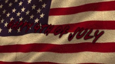 Arka planda sallanan Amerikan bayrağına karşı Mutlu 4 Temmuz metinlerinin dijital animasyonu. Amerikan bağımsızlığı ve kutlama konsepti