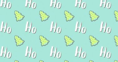 Mavi arka planda çoklu ho ho metin ve noel ağacı animasyonu. Noel, kış, gelenek ve kutlama konsepti dijital olarak oluşturulmuş video.